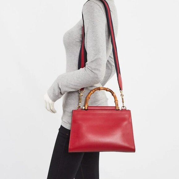 Gucci Red Smooth Calfskin Leather Nymphaea Medium Top Handle Bag - Picture 1 of 12